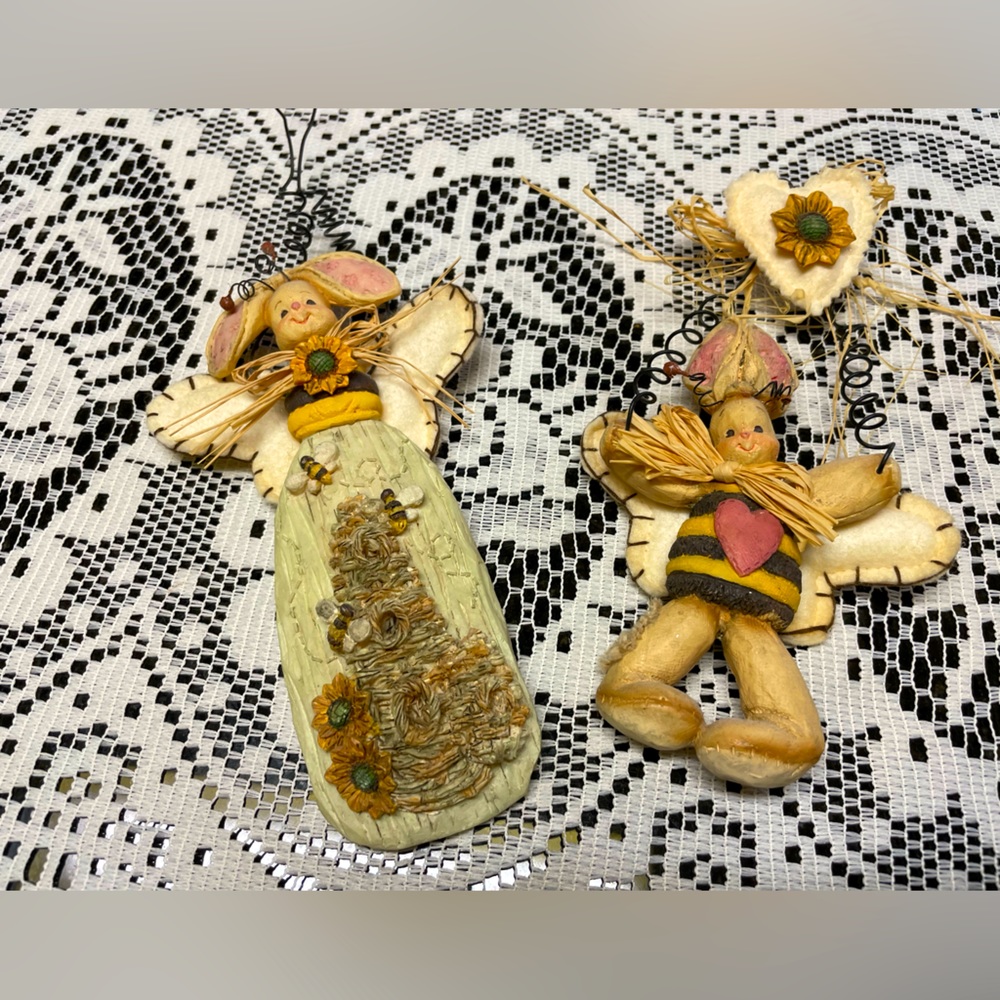 Set of 2 Small Bunnies Dressed as Bees, Wall Hangings